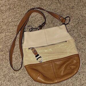 B. Makowsky Juliet Tan Brown Ivory Metallic Crossbody Hobo Bag